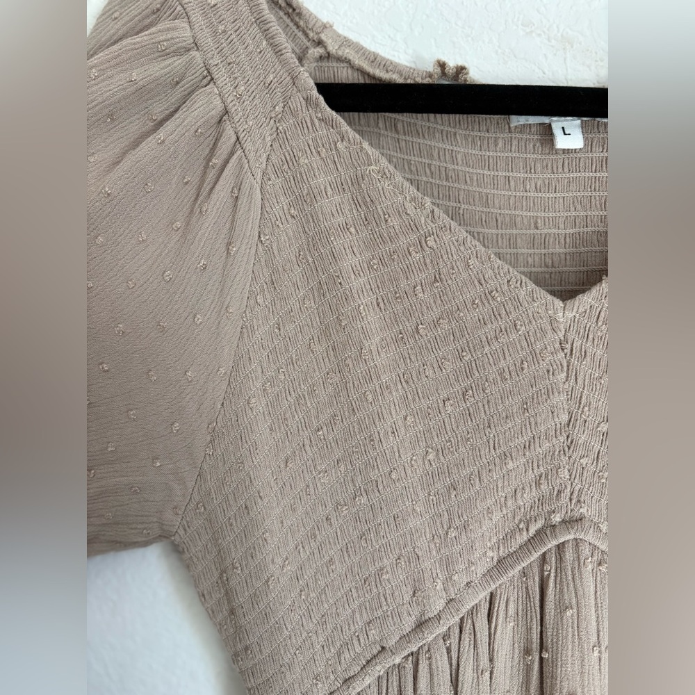 Baltic Born Lainey Smocked Swiss Dot Midi Dress Taupe Boho Long Sleeve Large - Picture 3 of 14
